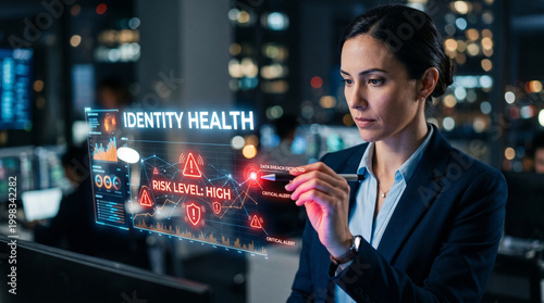 Identity health fraud synthetic data breach risk alert cybersecurity woman office night