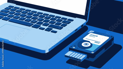 Opened hard disk drive next to a laptop keyboard on blue background flat vector illustration