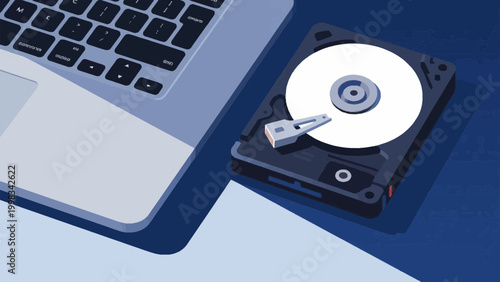Opened hard disk drive next to a laptop keyboard on blue background flat vector illustration
