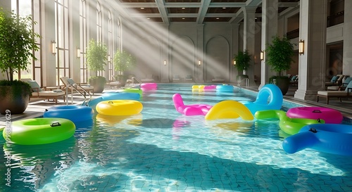 Indoor Swimming Pool with Colorful Inflatable Rings and Sunbeams.