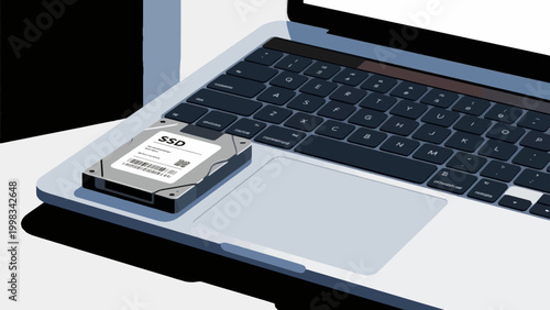 Opened hard disk drive next to a laptop keyboard on blue background flat vector illustration