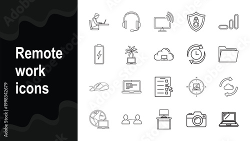Remote Work Line Icons Set. Modern Outline Icon Pack for Freelancing, Online Communication, Productivity and Digital Workspace