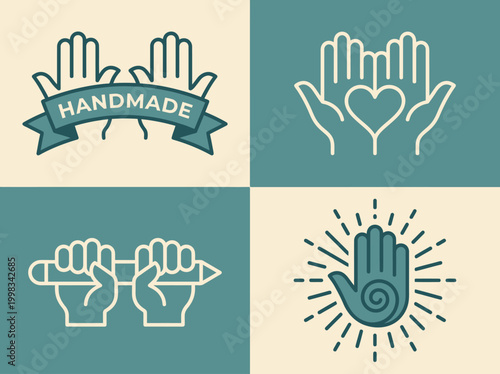Bild auf Leinwand Minimalist Handmade and Craft Logo Icon Set Featuring Hands, Heart, and Pencil