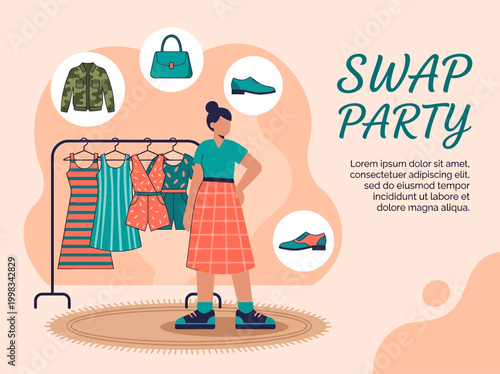 Sustainable Fashion Swap Party Illustration with Woman, Clothes Rack, and Accessories Icons; Vector Concept for Eco-Friendly Clothing Exchange and Circular Economy.