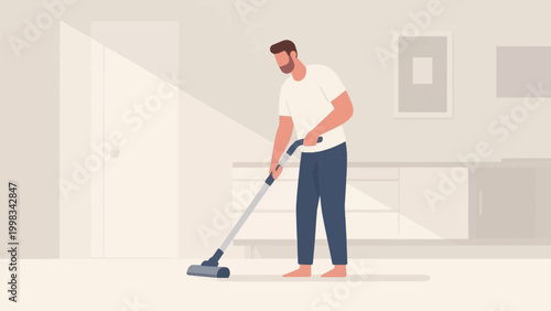 Man using a vacuum cleaner to clean the floor flat vector illustration