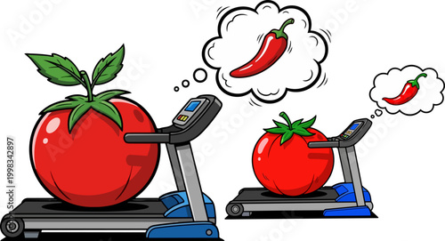 Funny tomatoes on treadmills, exercising, fitness motivation, humorous illustration, healthy lifestyle, cartoon vegetables