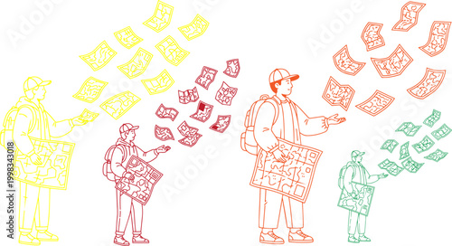 Colorful money exchange, financial transactions, cash flow, people illustrations, vector graphics