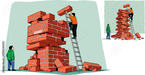 Construction workers building brick wall, bricklayer on ladder, masonry work, construction site