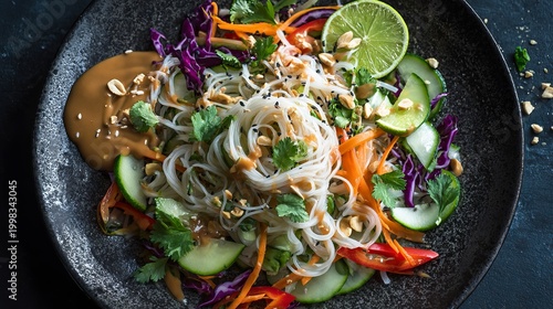 Rice noodle salad with veggies, lime, and peanut sauce is shown from above.