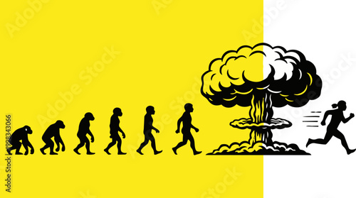 evolution, nuclear explosion, human evolution, atomic bomb, humorous illustration, vector icons