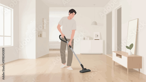 Man using a vacuum cleaner to clean the floor flat vector illustration