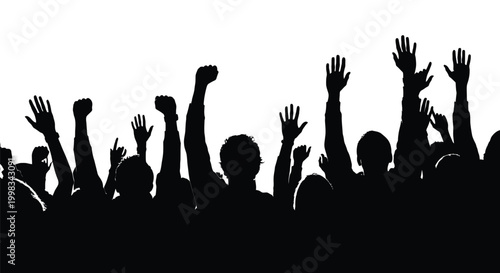 A group of silhouettes with hands raised in celebration against a bright white sky