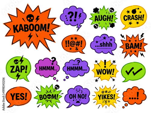 Colorful Retro Comic Book Speech Bubbles and Onomatopoeia Sound Effects Collection with Hand Drawn Pop Art Elements