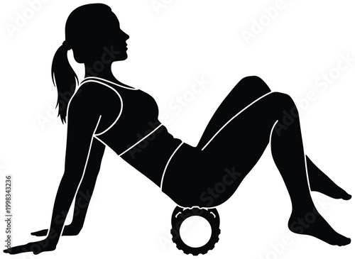 Woman silhouette using foam roller on lower back for spinal relief and muscle tension release at home.