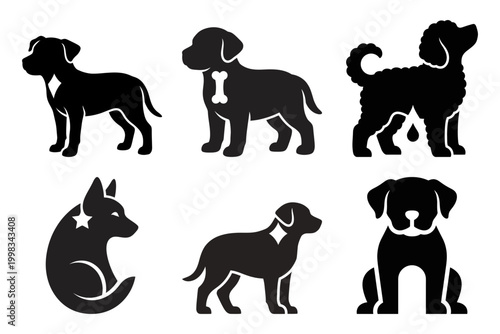 Playful dog silhouette icon collection with breed poses
