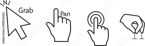 Touch Gesture Icons Set with Grab Pan Tap and Click Hand Interaction Symbols Outline Style