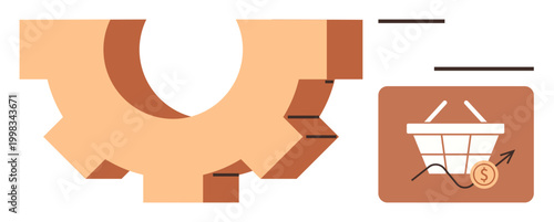 E-commerce, finance, technology, business solutions, online sales, market strategies. Gear symbol and basket with growth line and coin. E-commerce and finance concepts
