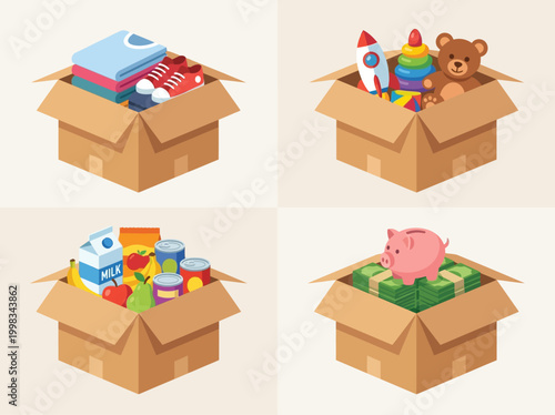 Charity Donation Box Set with Clothing, Toys, Food Groceries, and Money. Flat Isometric Vector Illustration for Humanitarian Aid, Volunteering, and Community Support.