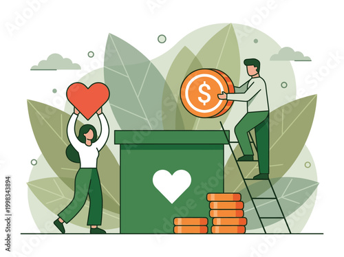 Charity and Donation Concept Illustration with People Putting Money and Hearts into a Donation Box for Philanthropy, Social Support, and Non-Profit Community Service