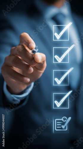 Business professional's hand completing a glowing digital checklist with checkmarks, symbolizing successful task completion, goal achievement, and efficient management of projects or objectives