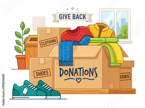 Donation Concept Illustration with Boxes of Clothes, Shoes, and Books for Charity and Social Support