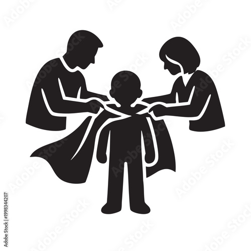 Parents putting a superhero cape on their child's silhouette