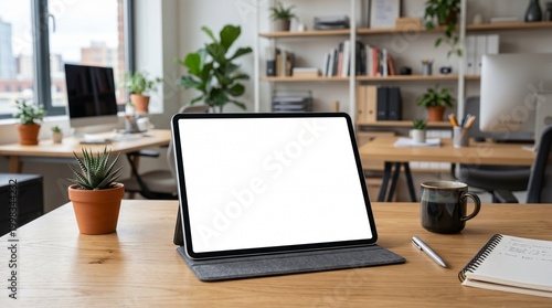 Tablet Mockup with Blank Screen in Office Workspace