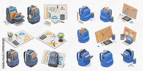 Isometric set of school supplies and backpacks for education and learning, back to school concept.