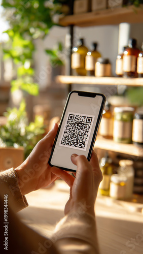 Customer holding a mobile phone with a QR code displayed, ready for a digital transaction or product information scan in a cozy retail environment