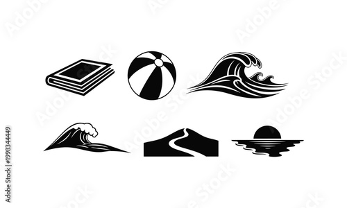 Summer beach vector silhouette illustration set, line art of book, ball, waves, and sunset.