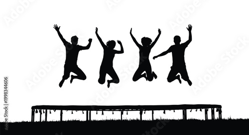 Four joyful silhouetted friends enthusiastically leaping high into the air on a trampoline with arms raised.