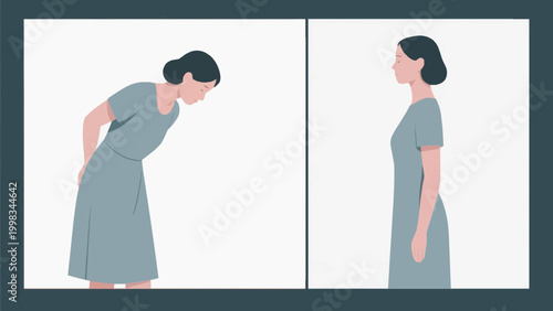 Woman with bad posture suffering from back pain flat vector illustration