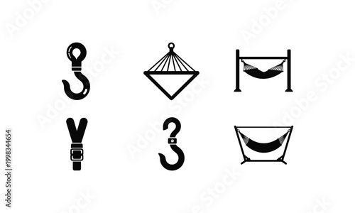 Various hammock and hook vector silhouette illustration line art set on white background.