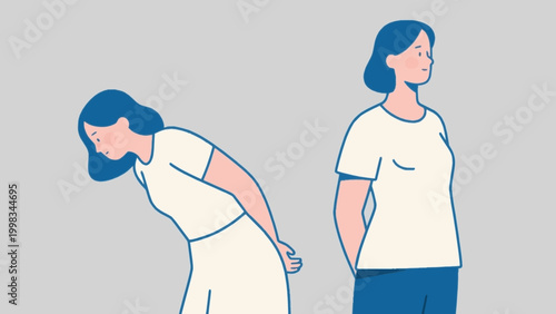 Woman with bad posture suffering from back pain flat vector illustration