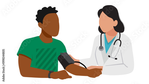 Vector illustration of doctor measuring patient’s blood pressure. Clean, flat design style perfect for editorial, advertising or lifestyle projects