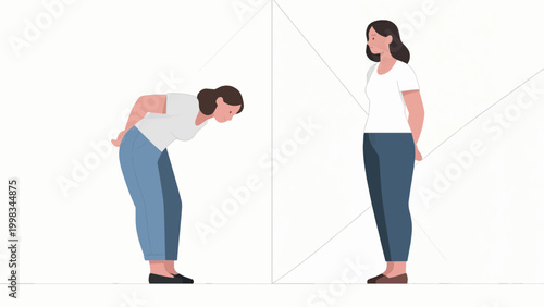 Woman with bad posture suffering from back pain flat vector illustration