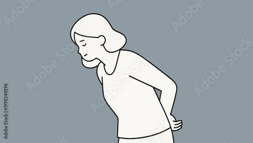 Woman with bad posture suffering from back pain flat vector illustration