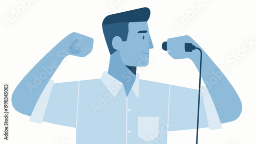 Man speaking into microphone with raised fist flat vector illustration