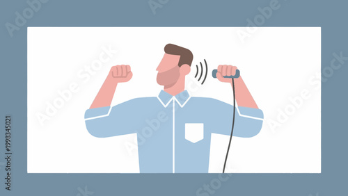 Man speaking into microphone with raised fist flat vector illustration
