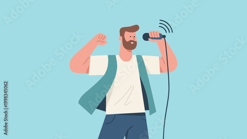 Man speaking into microphone with raised fist flat vector illustration