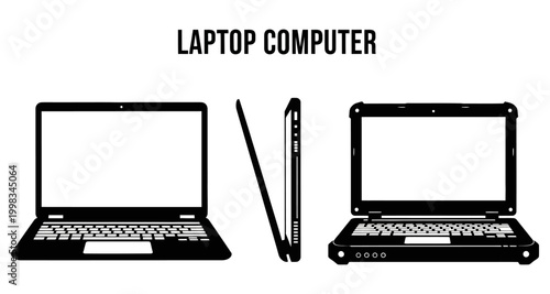 Laptop computer from multiple angles with blank screen in vector silhouette