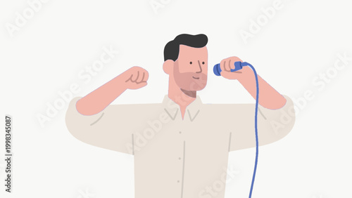 Man speaking into microphone with raised fist flat vector illustration