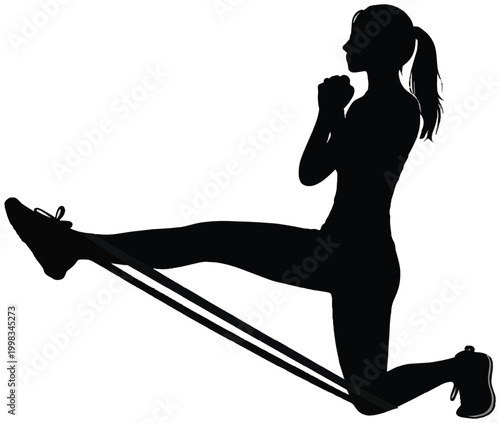 Woman training with resistance band at home or gym, leg workout exercise fitness activity.