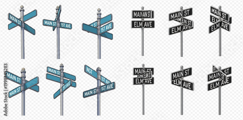 Set of street signs with various configurations and perspectives for urban navigation and direction.