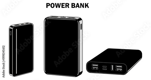 Portable Power Bank Device in Black Silhouette Against White Background Vector