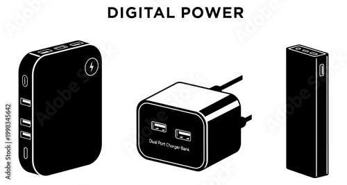 Portable power bank and wall charger set with USB ports in silhouette style