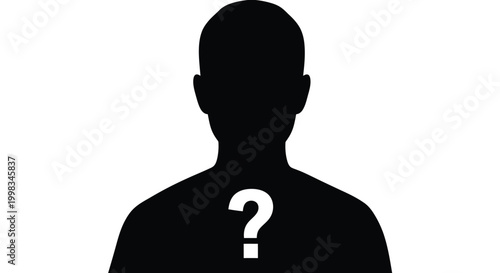 Black silhouette of a person's head and shoulders with a question mark on their chest