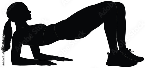 Woman performing glute bridge exercise with elbows on floor for strong glutes and legs silhouette.