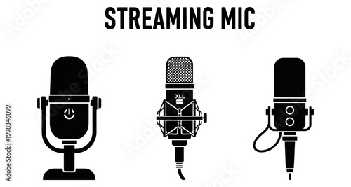 Three microphone silhouettes on a white background for audio recording and streaming applications