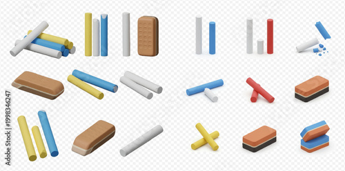 Collection of colorful chalk sticks and blackboard erasers in various arrangements, 3D rendered illustrations for education and school supplies.
